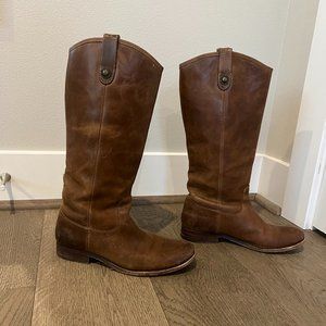 Frye Melissa Button 2 Boots Shoes - Cognac Distressed Brown Leather 8.5B